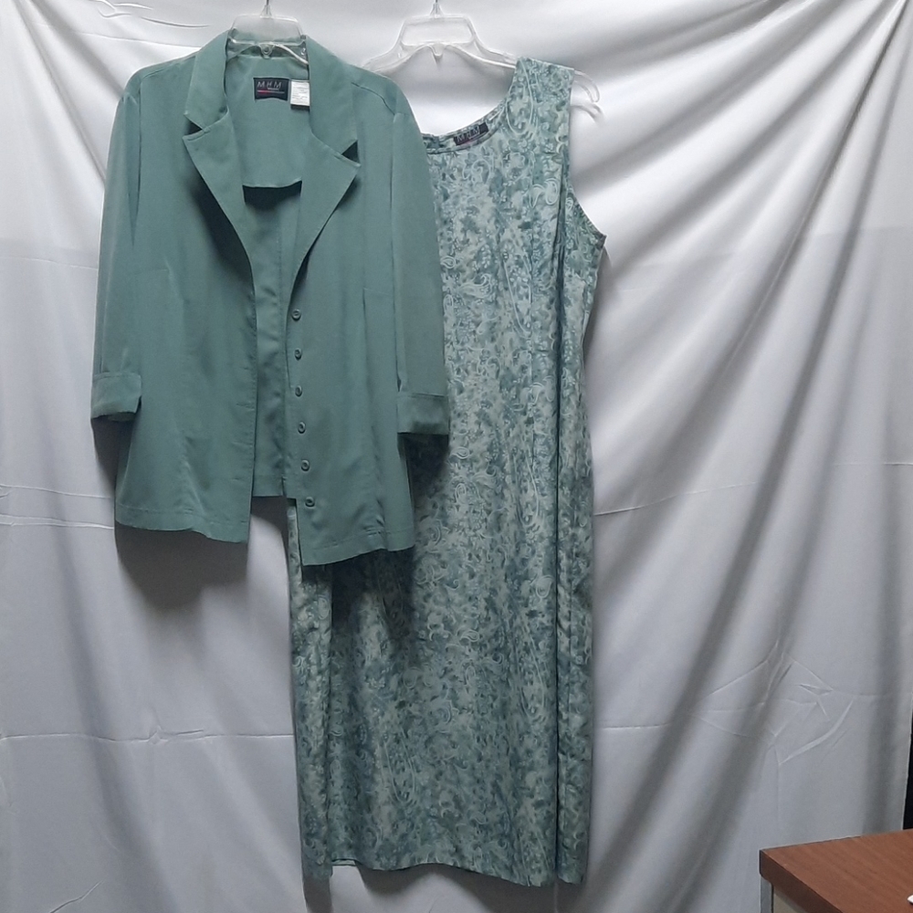 Vtg MHM Sleeveless Green pattern dress & blazer